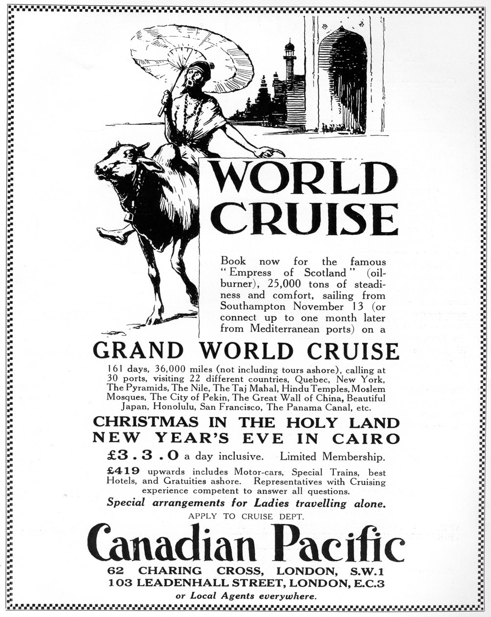 En annonse for et verdenscruise i kanadisk Stillehavet, 1926 av Unbekannt