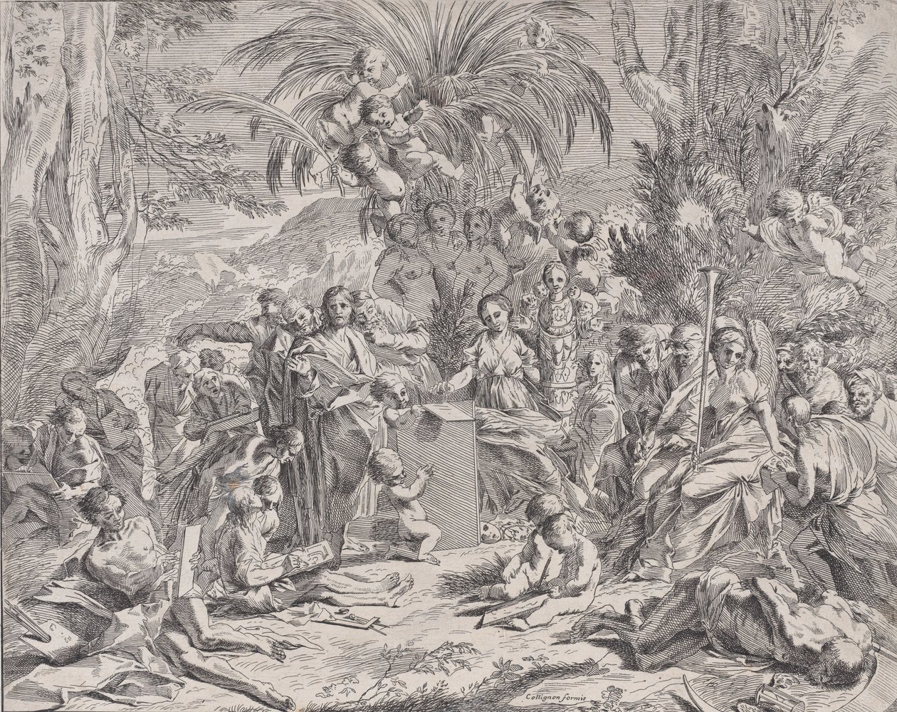 En allegori over maleriet, som som barn i midten til venstre tegner på en tavle, surrou..., 1650-1700. av Unbekannt