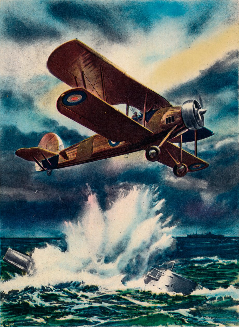 Et kunstnerinntrykk av en Fairey Swordfish som senker en U-båt i Nordsjøen, 1940 av Unbekannt