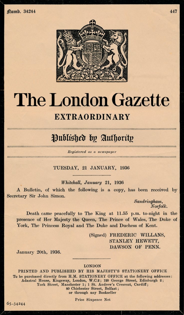 En ekstraordinær bulletin av The London Gazette som kunngjorde døden til kong George V 1865-1936 av Unbekannt