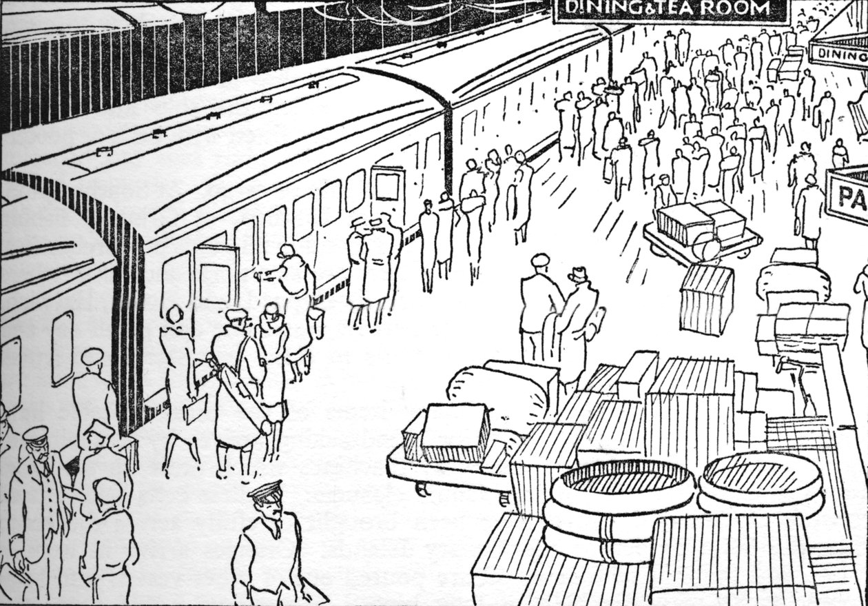 En illustrasjon av en jernbanestasjon fra 1930-tallet, 1937 av Unbekannt