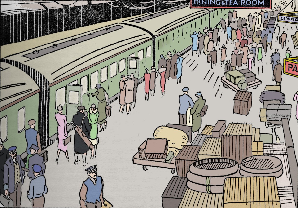 En illustrasjon av en jernbanestasjon fra 1930-tallet, 1937 av Unbekannt