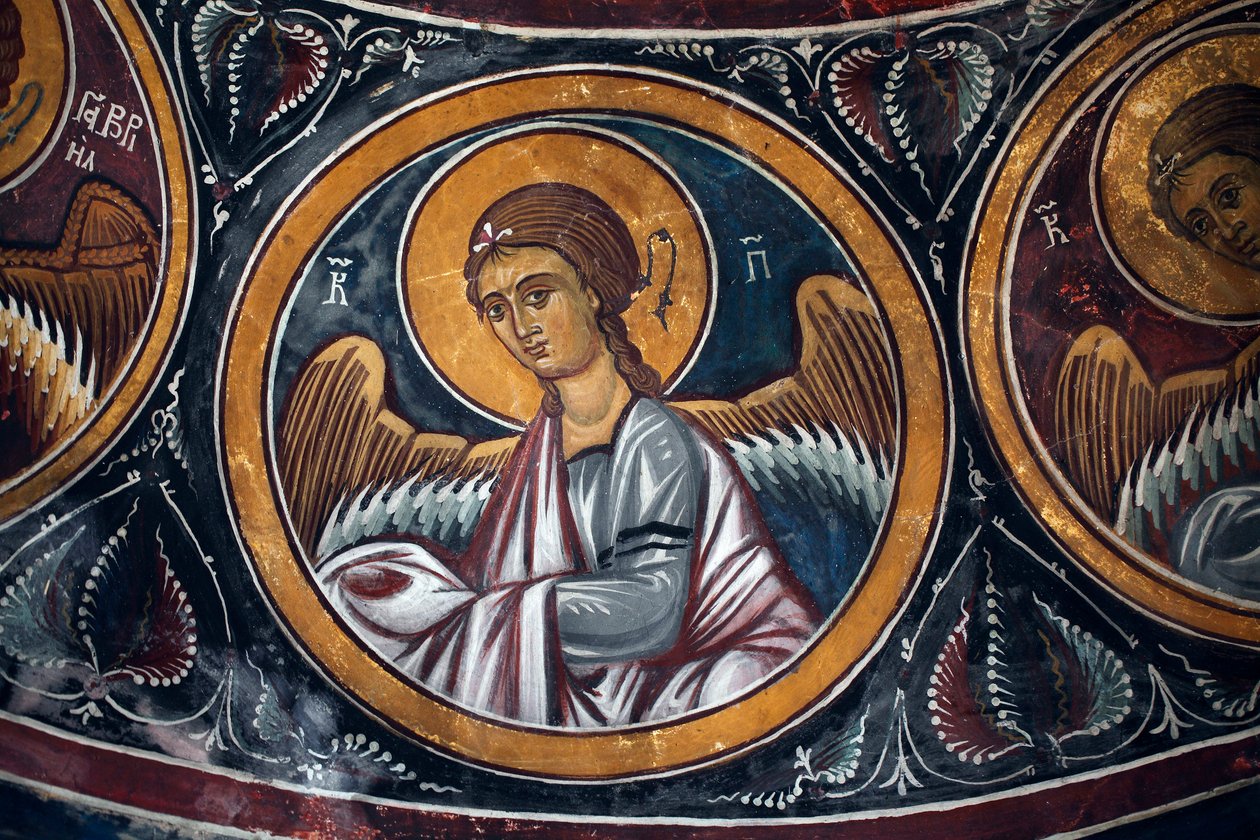 Englemedalje rundt Kristus og den siste dommen Detalj av den bysantinske fresken fra Narthex-hvelvet til kirken Asinou Siste domsscene 1300-tallet (1332) UNESCO, verdens kulturarvområde Troodos-regionen, Kypros av Unbekannt