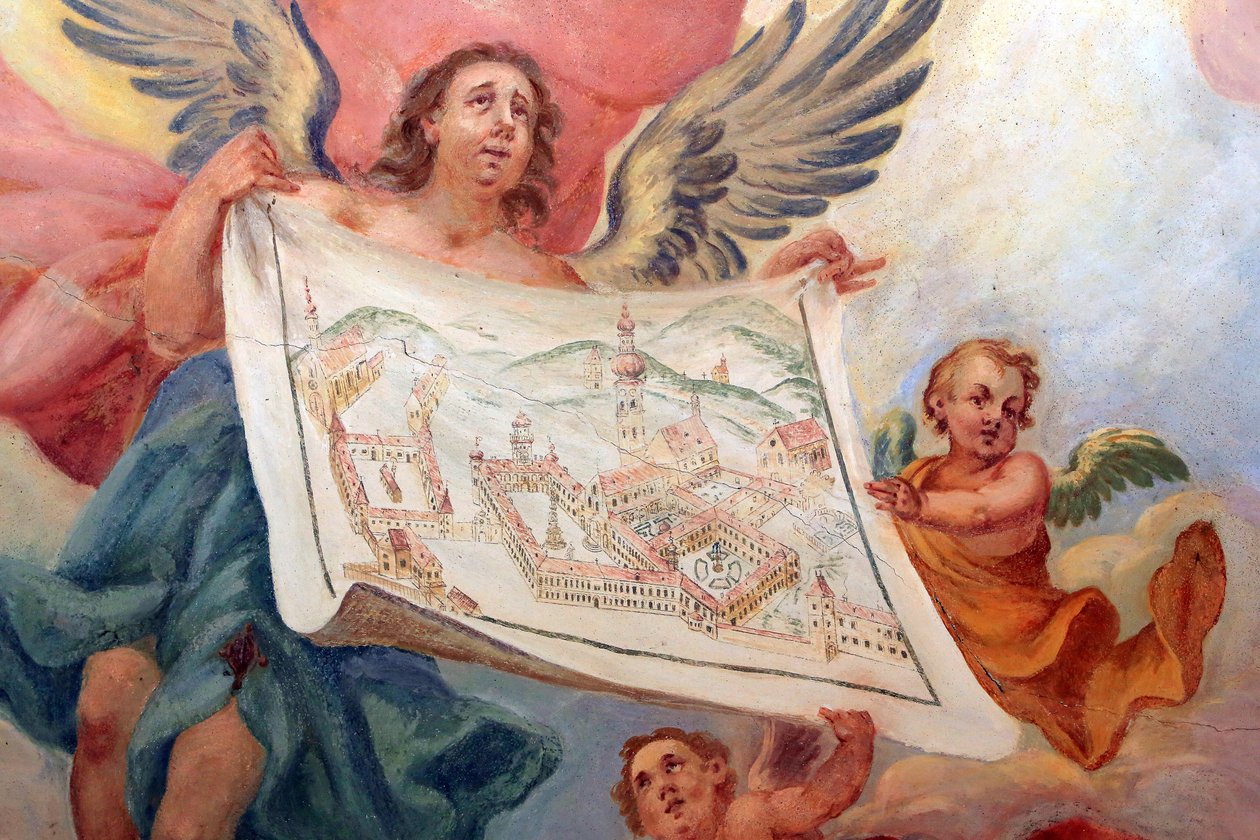 Engel som holder en plan for klosteret Heiligenkreuz. Heiligenkreuz Abbey, Wien, Østerrike av Unbekannt