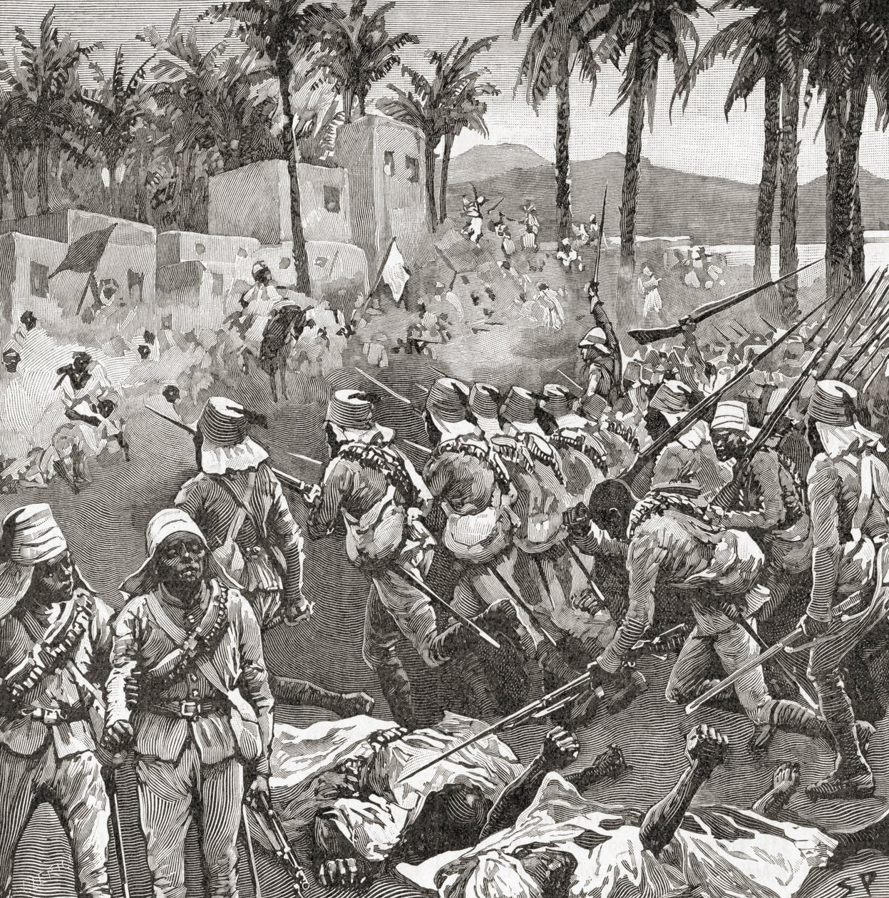Anglo-egyptiske tropper stormer landsbyen Ferkeh i slaget ved Ferkeh eller Firket, 7. juni 1896, under Mahdist-krigen. av Unbekannt