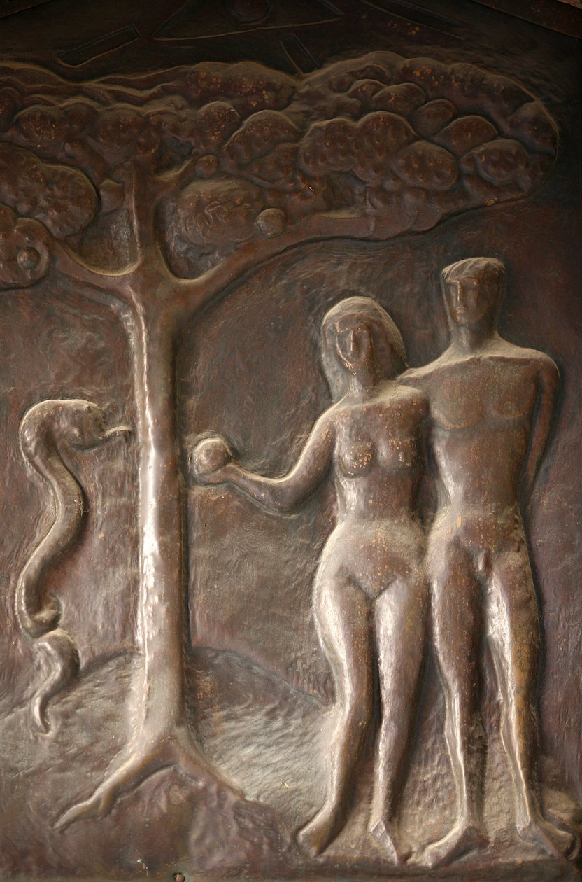 Bebudelsesbasilikadørskulptur: Adam og Eva, Nasaret, Israel av Unbekannt