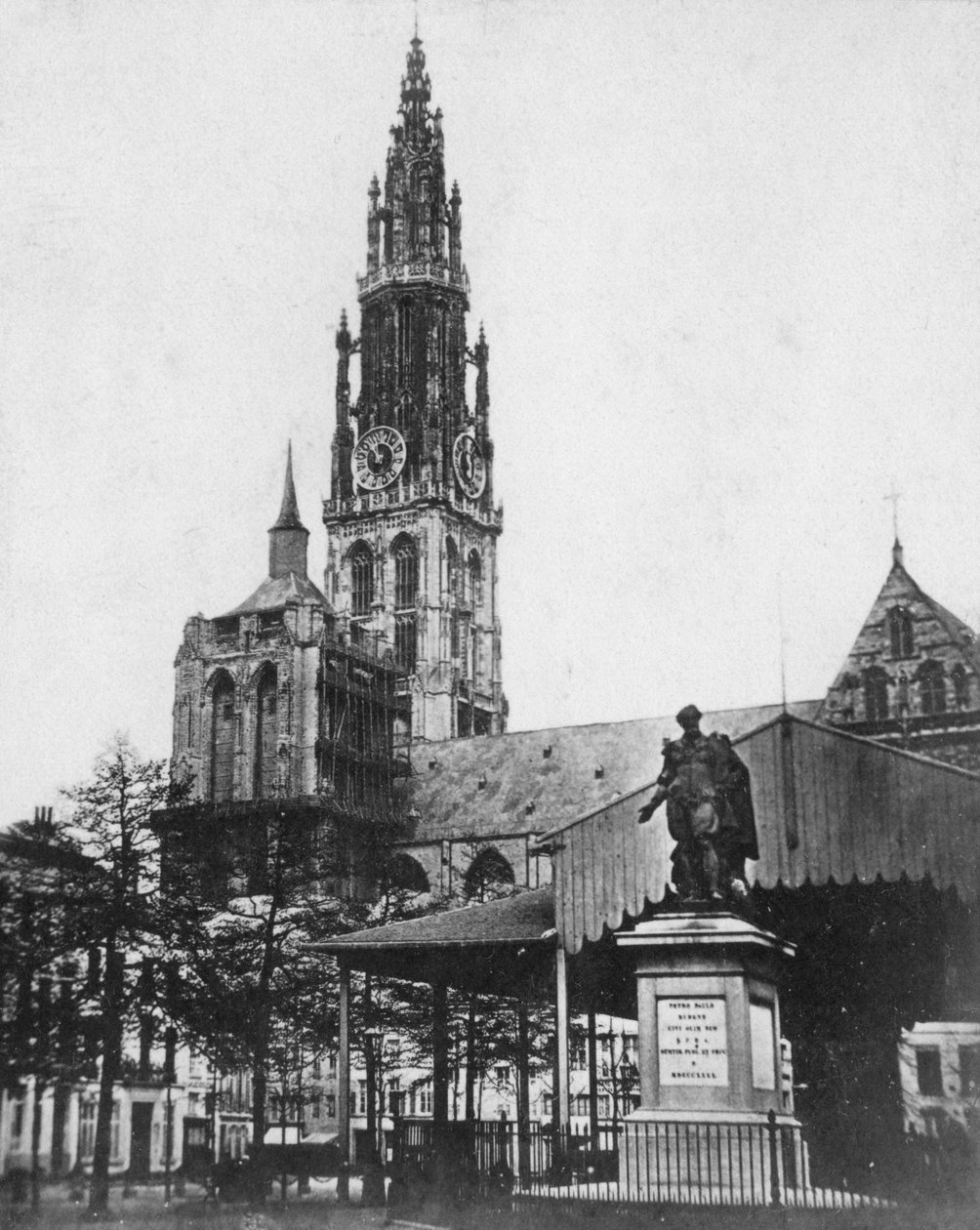 Antwerpen katedral og statue av kunstneren Peter Paul Rubens, Belgia, 1867 av Unbekannt