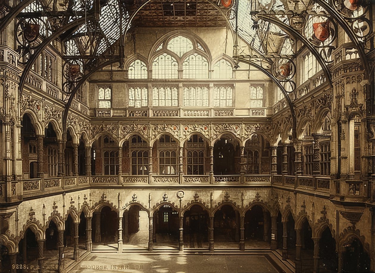 Antwerpen (Anvers). Innvendig utsikt over børsen. Rundt 1900. Fotografi av Photoglob / Zürich av Unbekannt