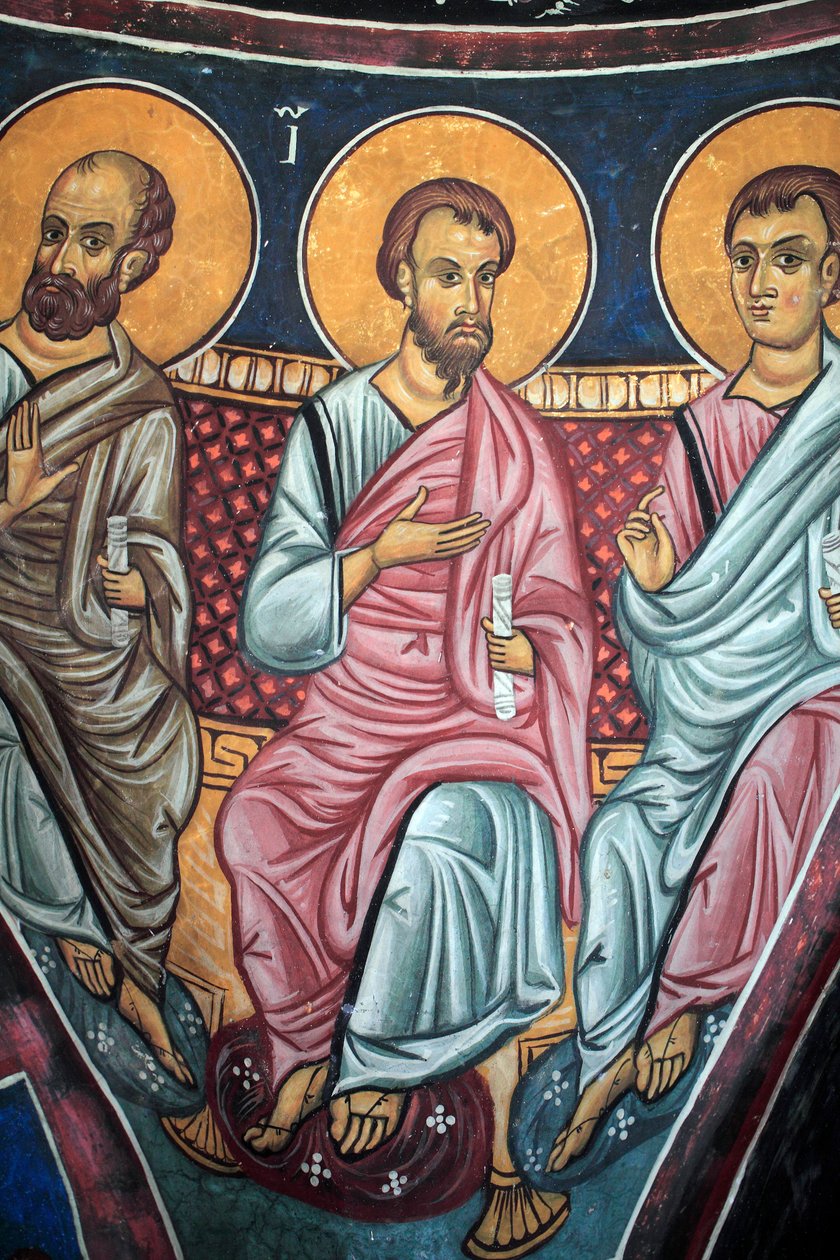 Apostlenes representasjon rundt Kristus og den siste dommen Detalj av den bysantinske fresken fra Narthex-hvelvet i kirken i Asinou Siste domsscene 1300-tallet (1332) UNESCO, verdens kulturarvområde Troodos-regionen, Kypros av Unbekannt