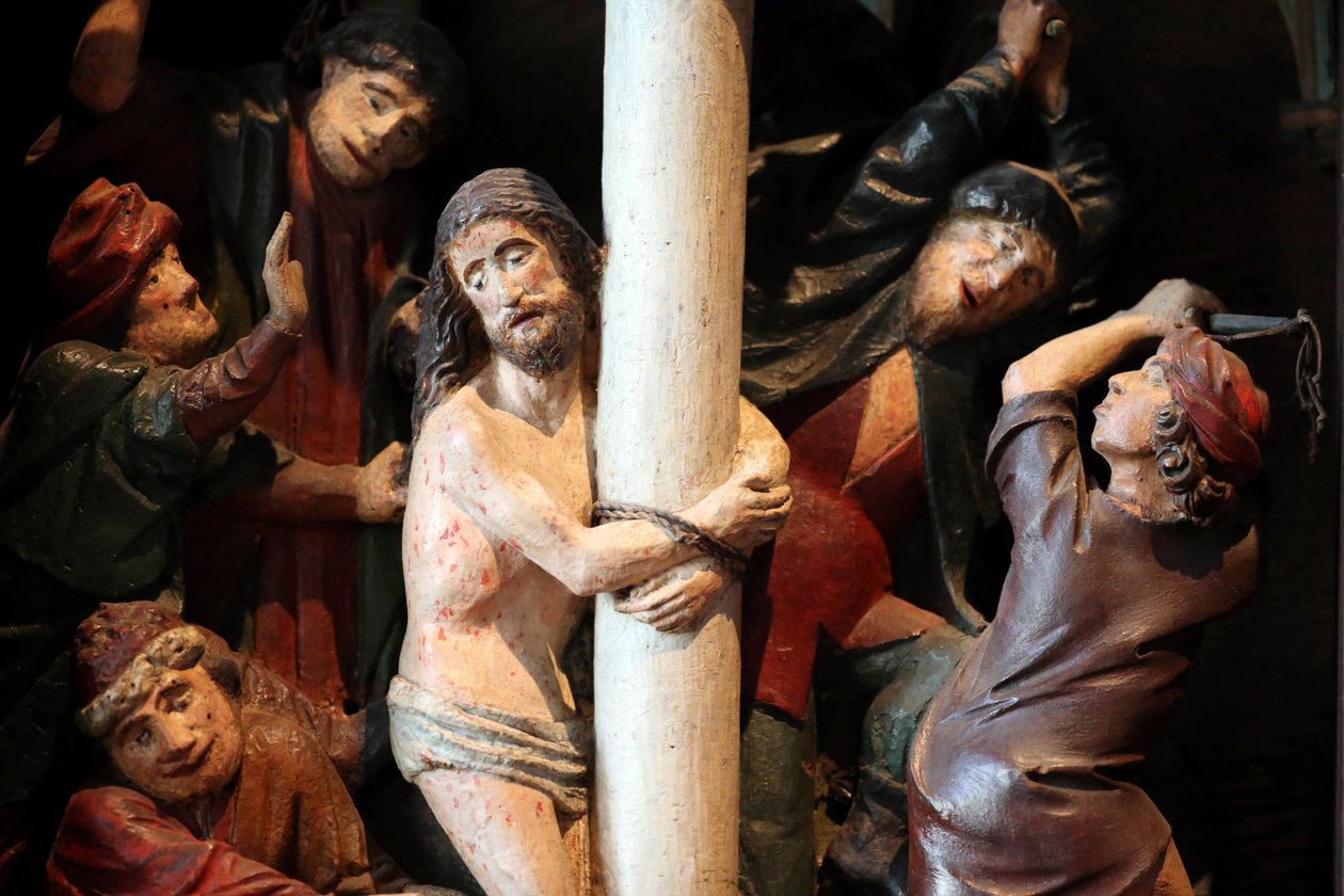 Arbois, Jura, Frankrike, le 31/8/2015 - Saint-Hippolyte kirke. Retabel fra det femtende århundre. Kristi flaggering. av Unbekannt