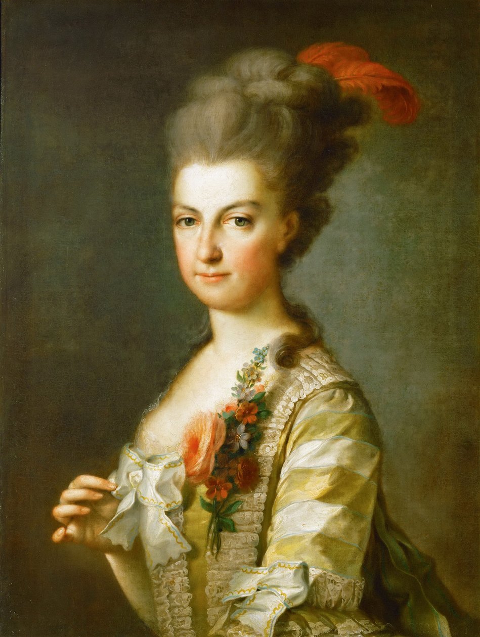 Erkehertuginne Maria Christina 1742-1798, hertuginne av Teschen, i en stripet silkekjole, ca 1766-1770 av Unbekannt