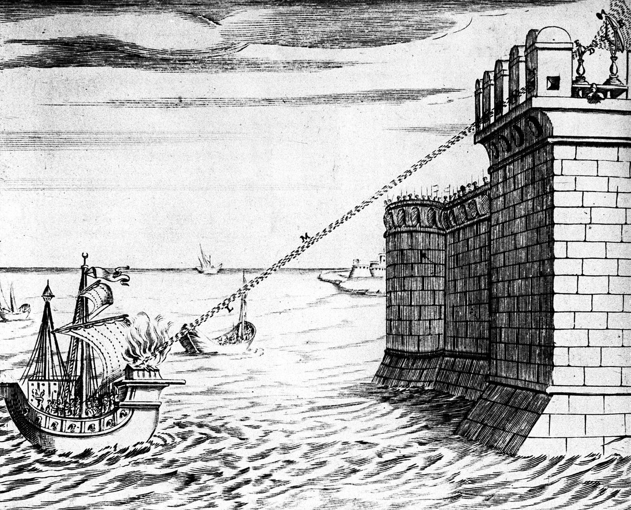 Archimedes Burning Mirror, enhet brukt ved beleiringen av Syracuse, 215-212 f.Kr. 1642 av Unbekannt