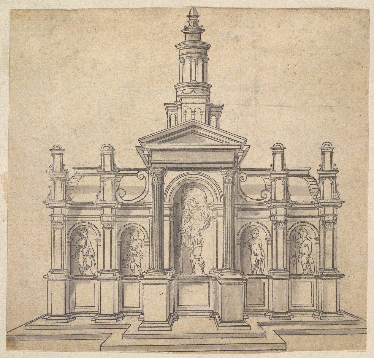 Arkitektonisk formet tabernakel med en helgen og fire putti, ca. 1530-49. av Unbekannt
