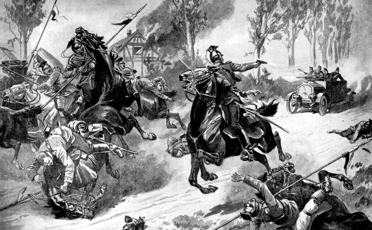 Pansrede belgiske tropper under angrep av Uhlans, første verdenskrig, 1914 av Unbekannt