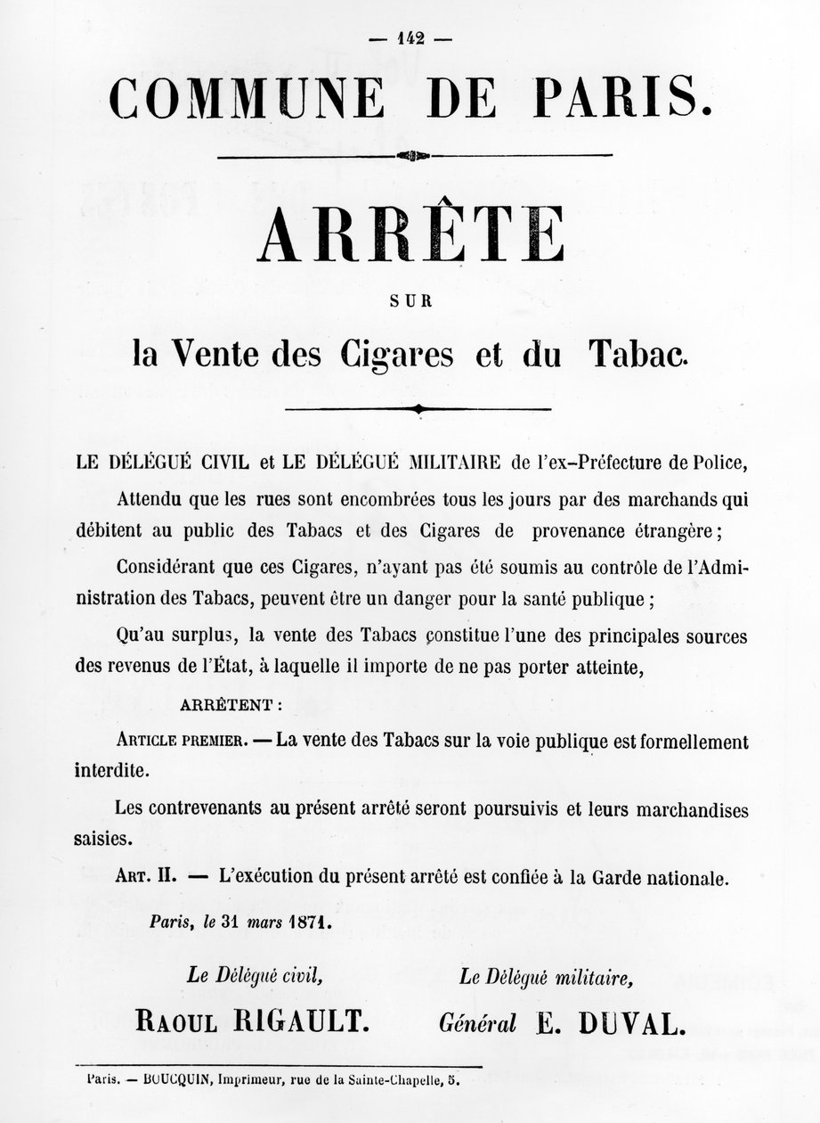Ordre om salg av sigarer og tobakk, fra franske politiske plakater fra Paris-kommunen av Unbekannt