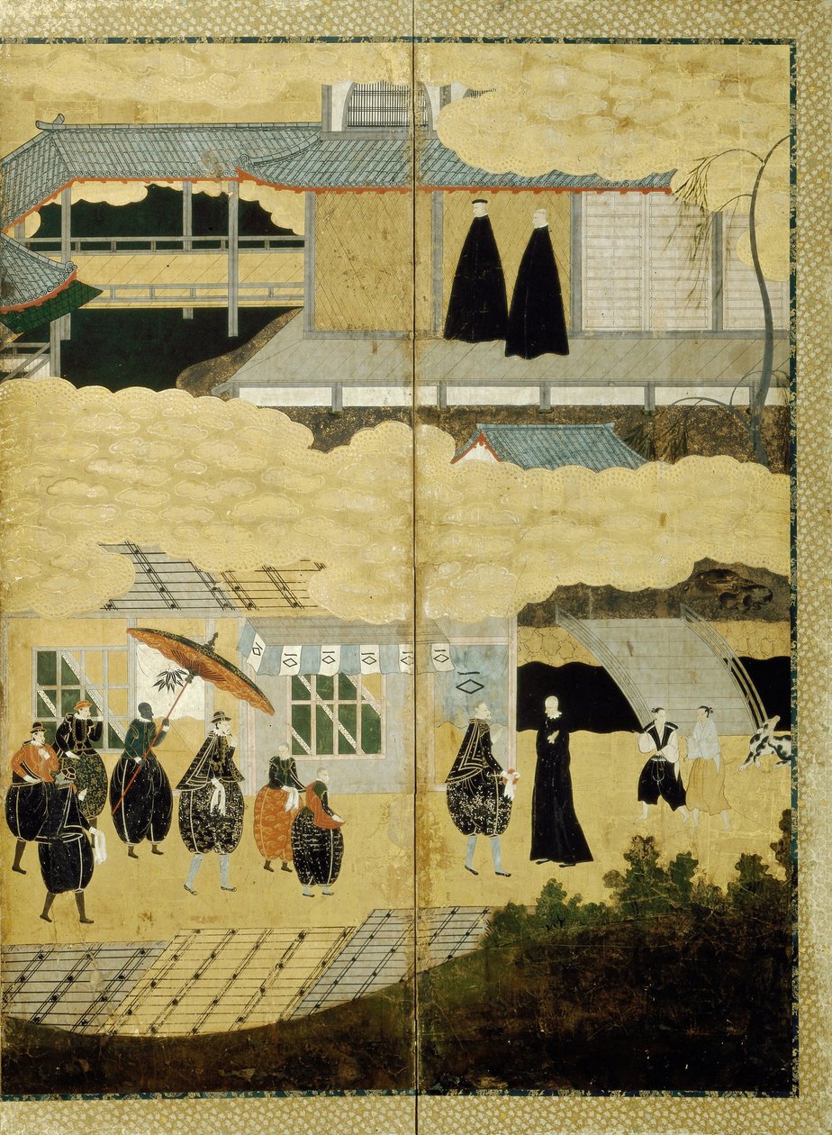 Ankomst av et portugisisk skip. Nanban-skjerm. Detalj: japanske kristne, ca. 1600 av Unbekannt