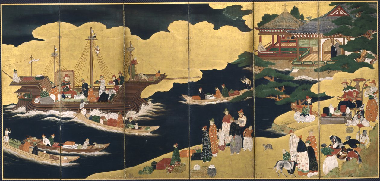 Ankomst av et portugisisk skip. Nanban-skjerm, ca. 1600 av Unbekannt