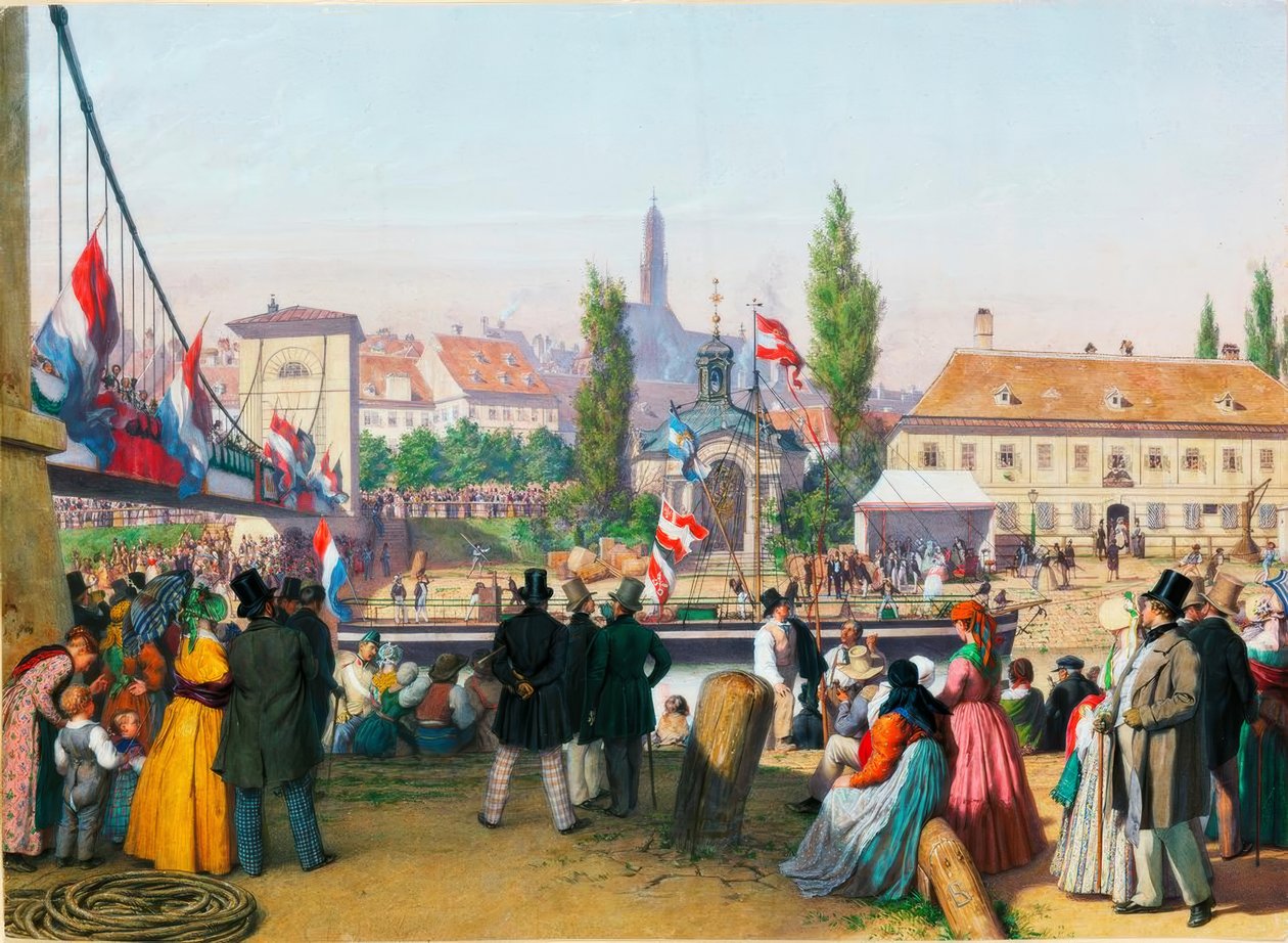 Ankomst av dampbåten til stasjonen ved Donau-kanalen, Wien, 1845 Akvarell av Unbekannt