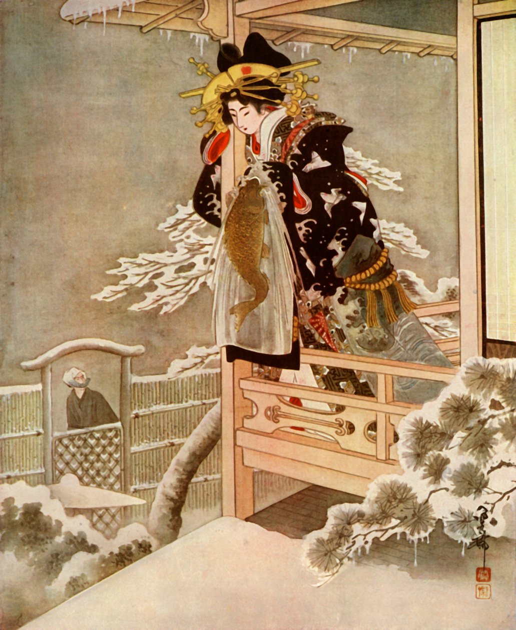 Mens hun snakket, lente Urasato seg langt ut over balkongen..., 1919. av Unbekannt