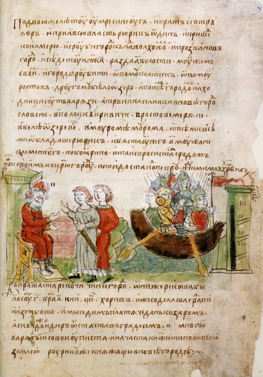 Askold og Dir ba Rurik om tillatelse til å dra til Konstantinopel fra Radziwill Chronicle, 1400-tallet av Unbekannt