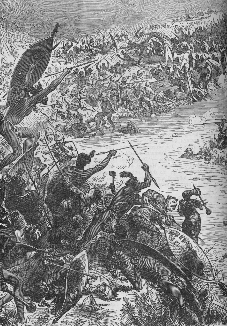 Zuluenes angrep på eskorten fra det åttiende regiment ved Intombe-elven, 1879, c1880 av Unbekannt