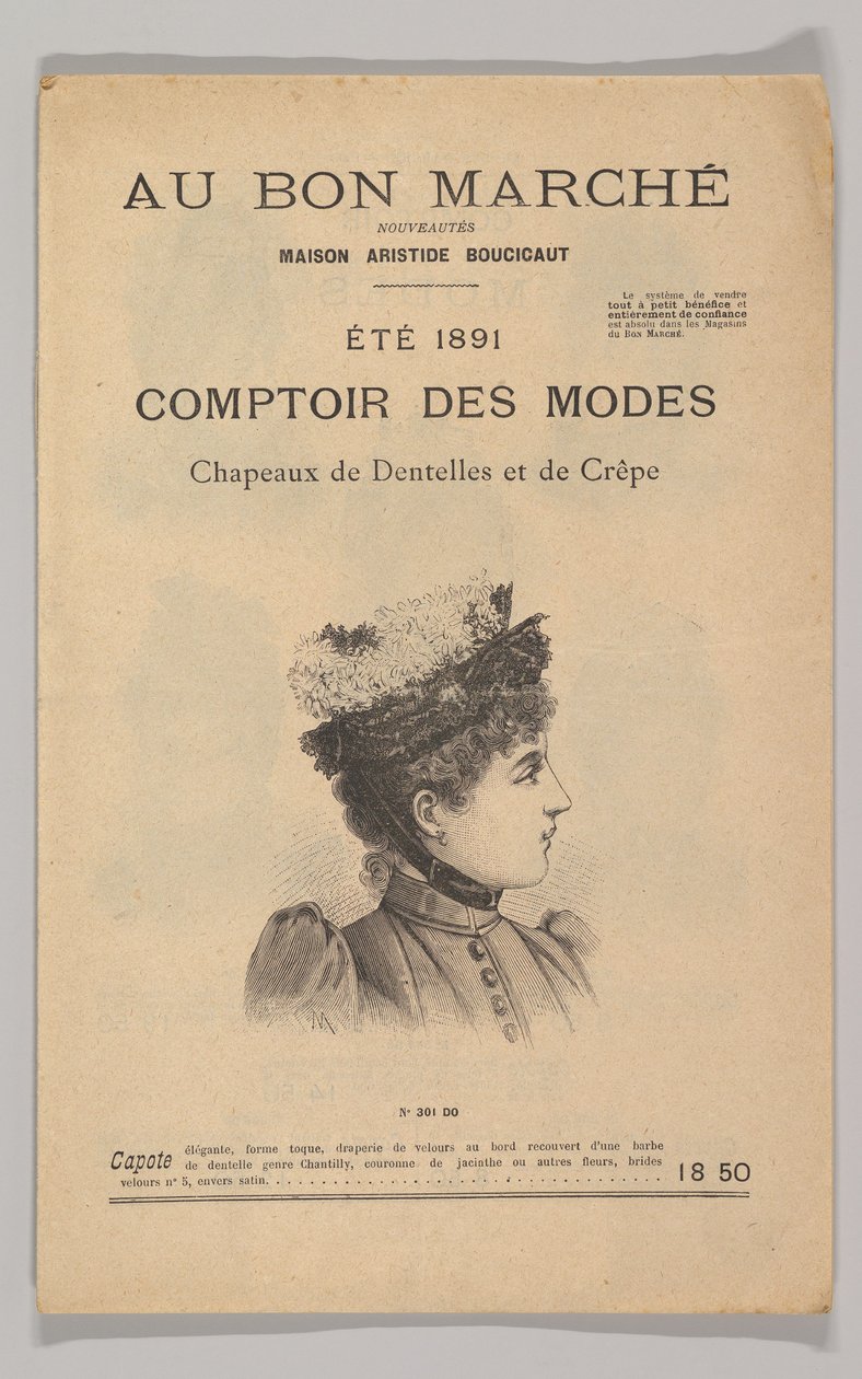 Au Bon Marché-Comptoir des Modes, blonde- og krepphatter, sommeren 1891, 1891. av Unbekannt