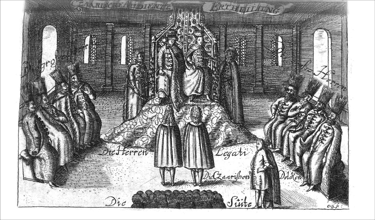 Publikum med Ivan V, Peter I og Sophia Alekseyevna fra Georg Adam Schleissing Derer beyden Czaaren i Reussland..., 1693 av Unbekannt
