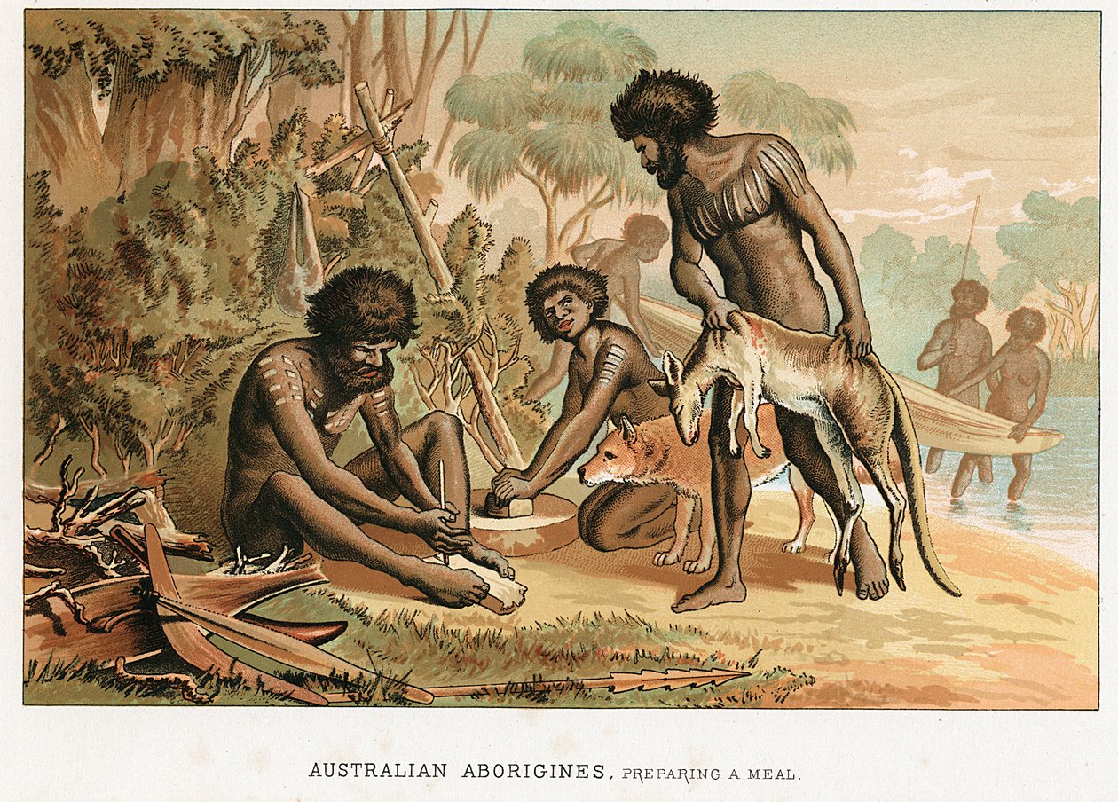 Australske innfødte tilbereder måltid fra et dyr de har jaktet på, c1895 av Unbekannt