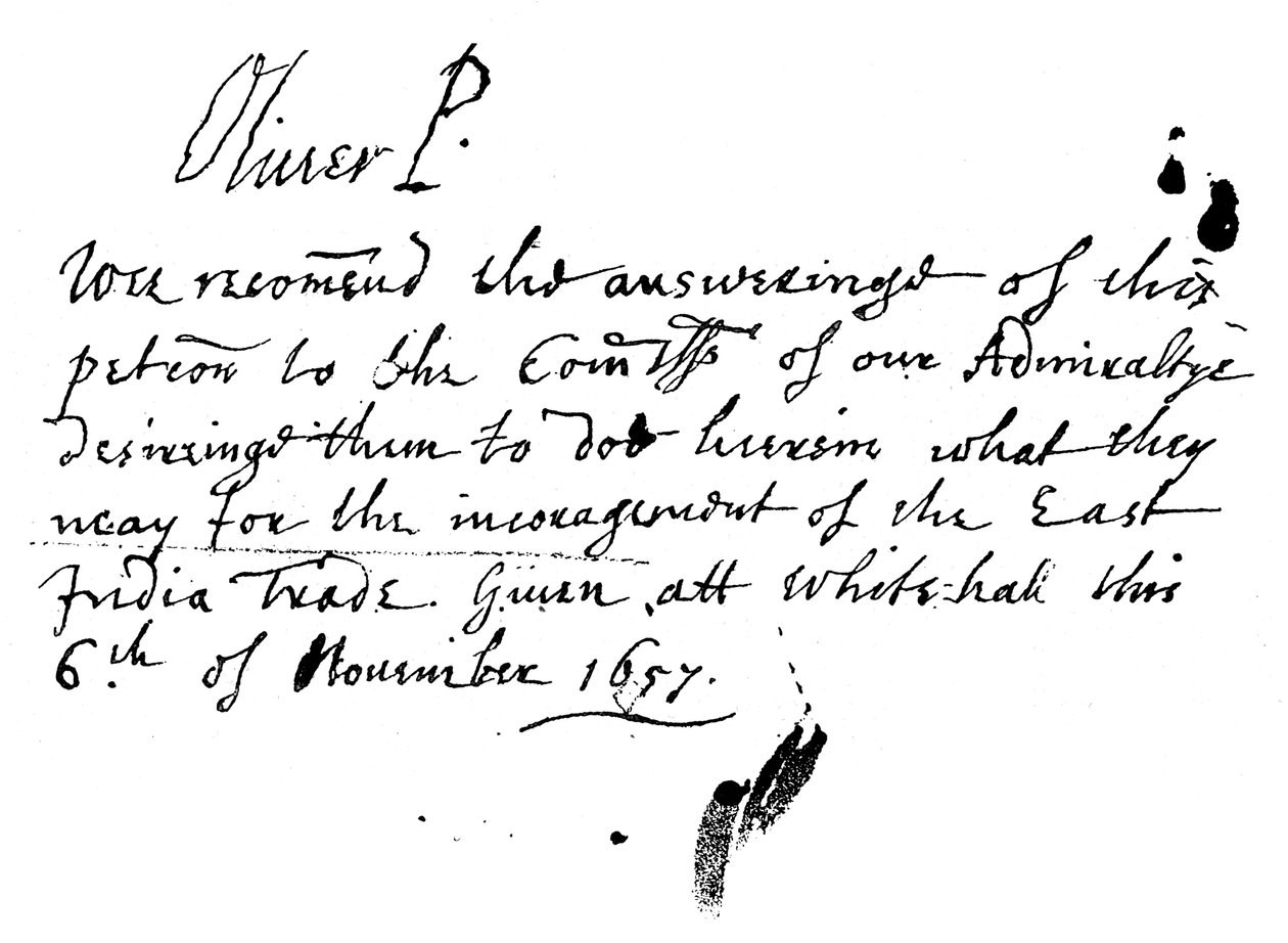 Autografnotat av Oliver Cromwell til en begjæring fra East India Company, november 1657, 1893 av Unbekannt
