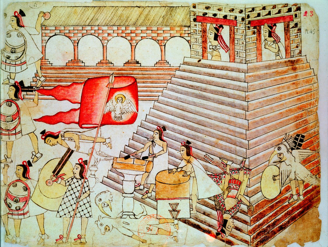 Aztekiske krigere forsvarer tempelet Tenochtitlan mot Conquistadors, 1519-1521 av Unbekannt