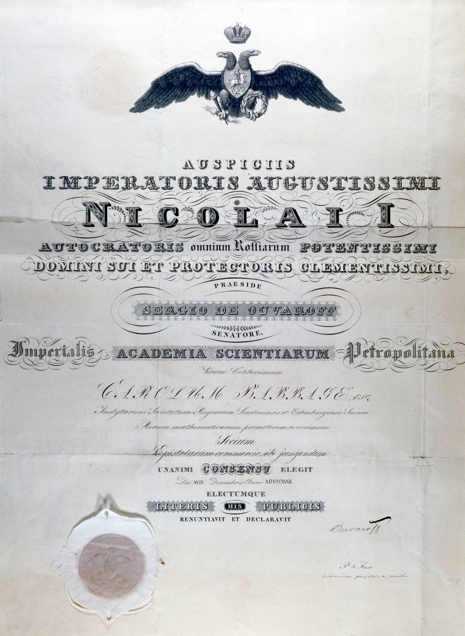 Babbage Diploma fra Imperial Academy of Sciences Petropolitan av Unbekannt