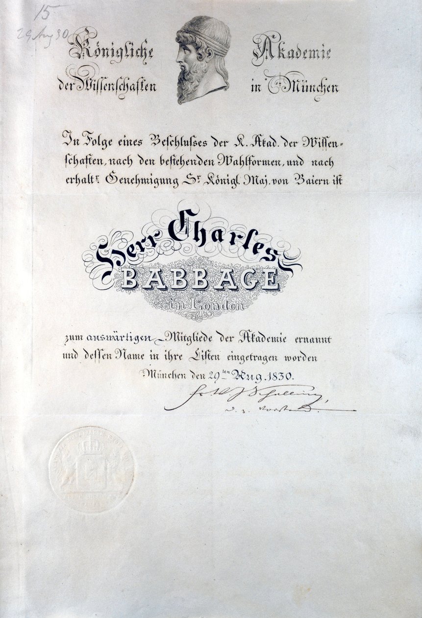 Babbage Diploma fra Royal Academy of Sciences München av Unbekannt