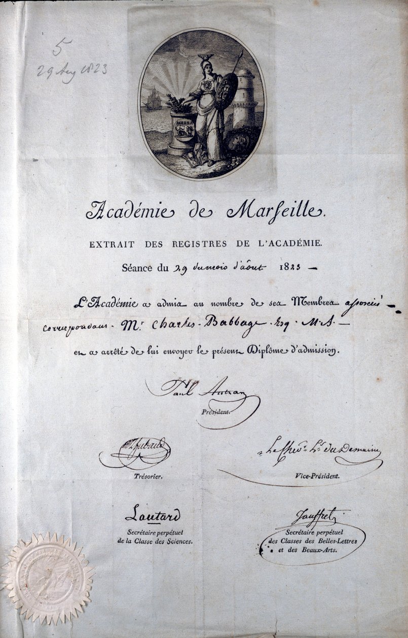Babbage-diplom fra Academie de Marseilles av Unbekannt