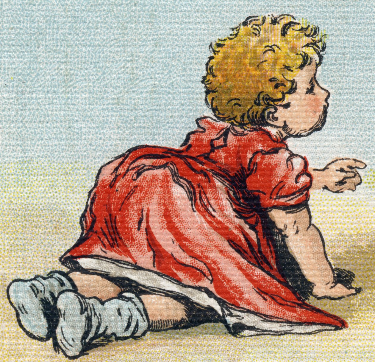 Baby. Gravering i "Alphabet de ma petite fille". Bernardin-Bechet og Fils, bokhandler-forlag, Paris, rundt 1895. Ubrytelig album på lerret. Bibliotheque des Bebes. 12 sider. Album som inneholder en lesemetode og et illustrerende abecedary. Dim: 29, av Unbekannt