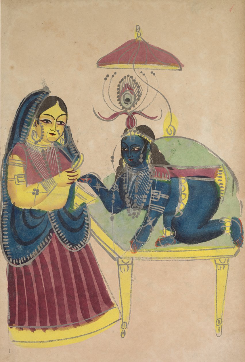 Baby Krishna ber om smør fra Yashoda, 1800-tallet. av Unbekannt