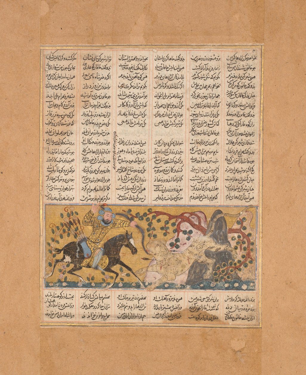 Bahram Chubina dreper det løveformede apemonsteret, folio fra en Shahnama..., ca. 1300-30. av Unbekannt