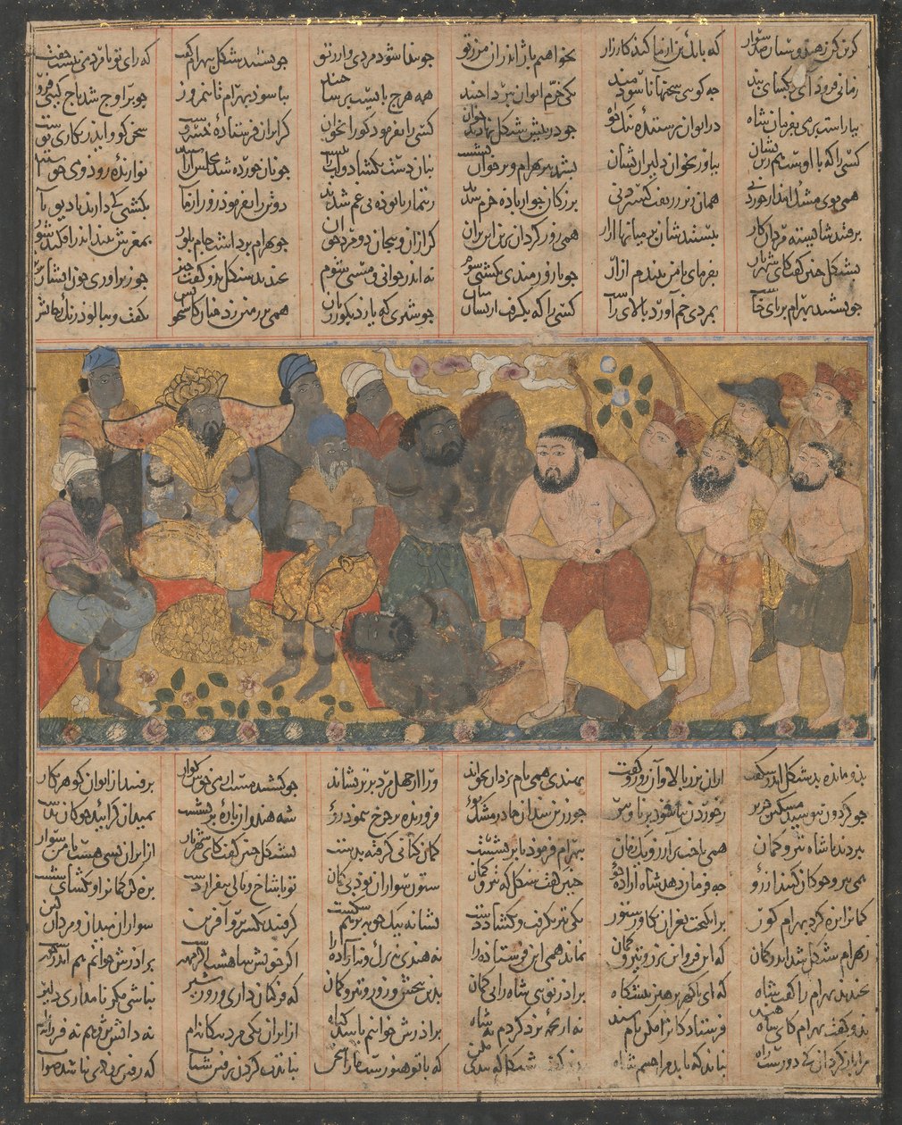 Bahram Gur viser sin dyktighet i bryting ved domstolen i Shangul..., ca. 1300-30. av Unbekannt