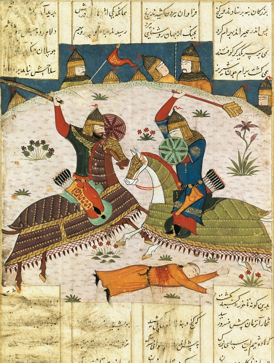 Bahram Shubinas nattangrep på leiren til Khusrau Parviz, ca. 1420. Malt miniatyr, av Unbekannt