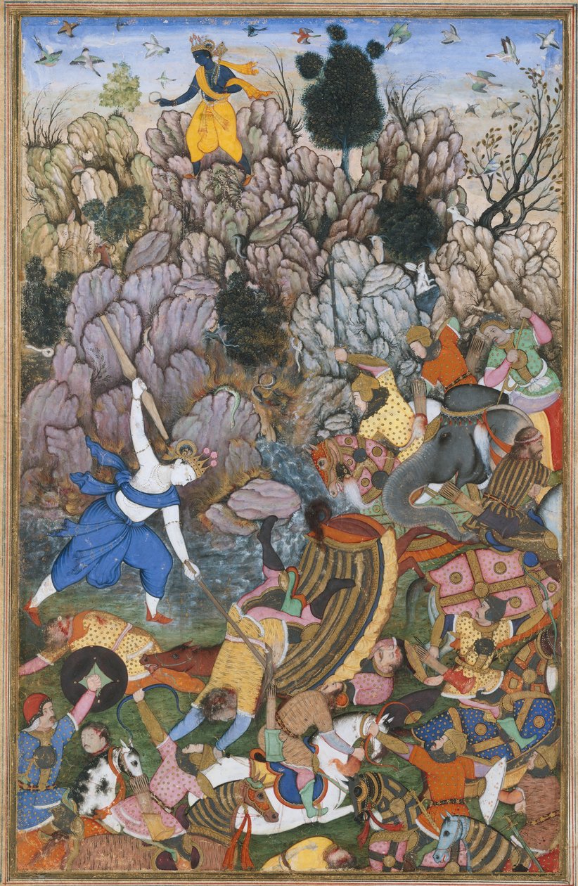Balarama og Krishna kjemper mot fienden, Folio fra en Harivamsa The Legend of..., ca. 1590-95. av Unbekannt