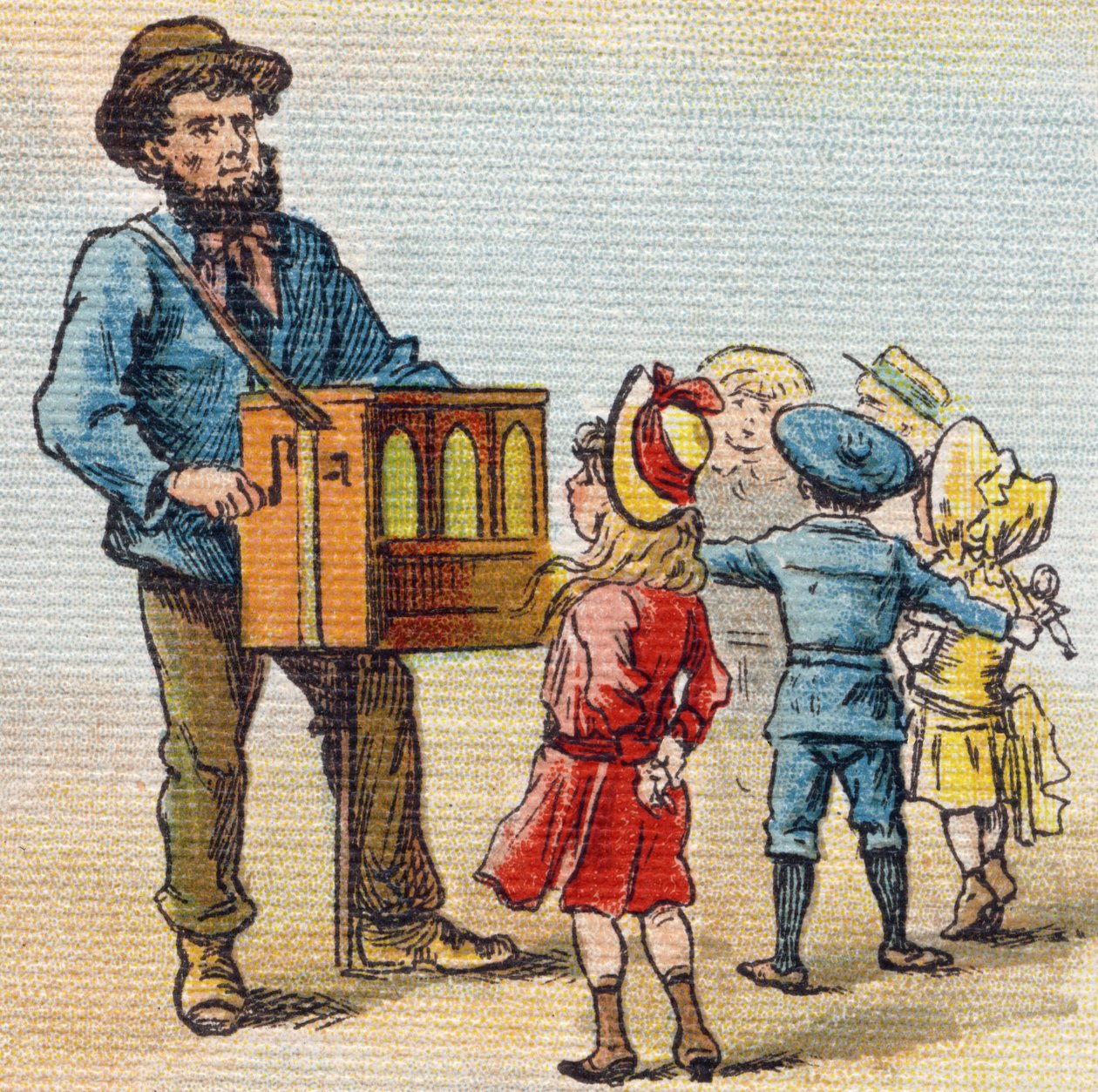 Barbary orgel. Gravering i "Alphabet de ma petite fille". Bernardin-Bechet og Fils, bokhandler-forlag, Paris, rundt 1895. Ubrytelig album på lerret. Bibliotheque des Bebes. 12 sider. Album som inneholder en lesemetode og et illustrerende abecedary. av Unbekannt