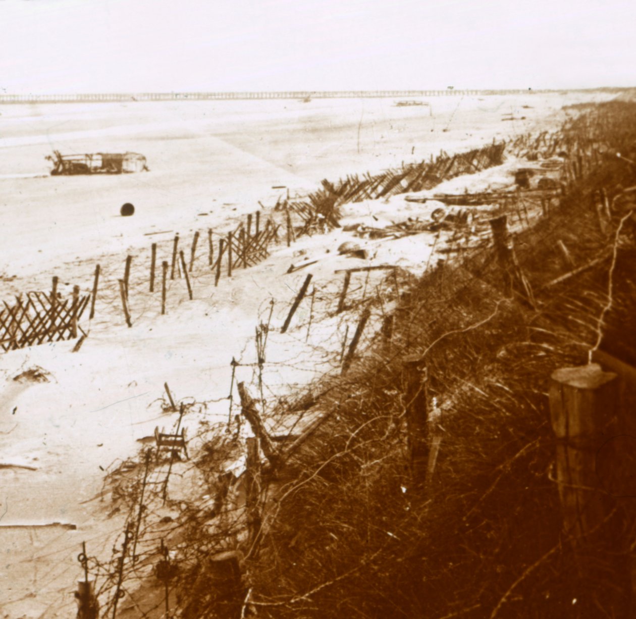 Piggtrådbarrierer på stranden, Nieuwpoort-Bad, Flandern, Belgia, c1914-c1918 av Unbekannt