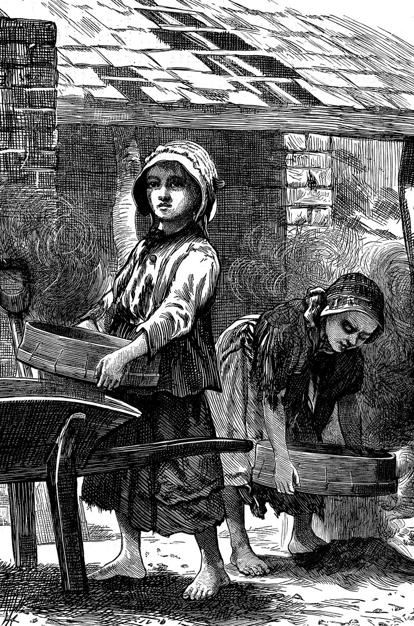Barbeinte jenter siler støv i en murgård, 1871 av Unbekannt