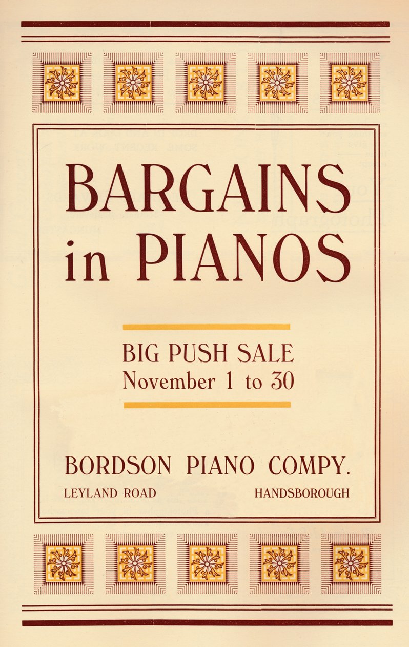 Kupp på pianoer - Bordson Piano Companys annonse, 1916 av Unbekannt