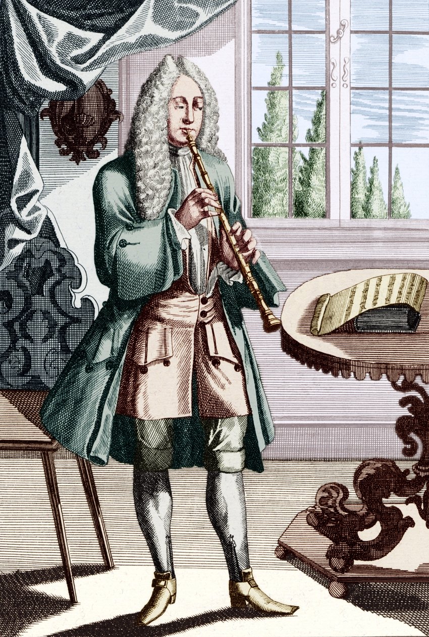 Barokk obo musiker bildetekst lyder - Man playing hautboy (eller hautbois) som er tidlig obo Gravering av J C Weigel (1661-1726) fra Musikalisches Theatrum. av Unbekannt
