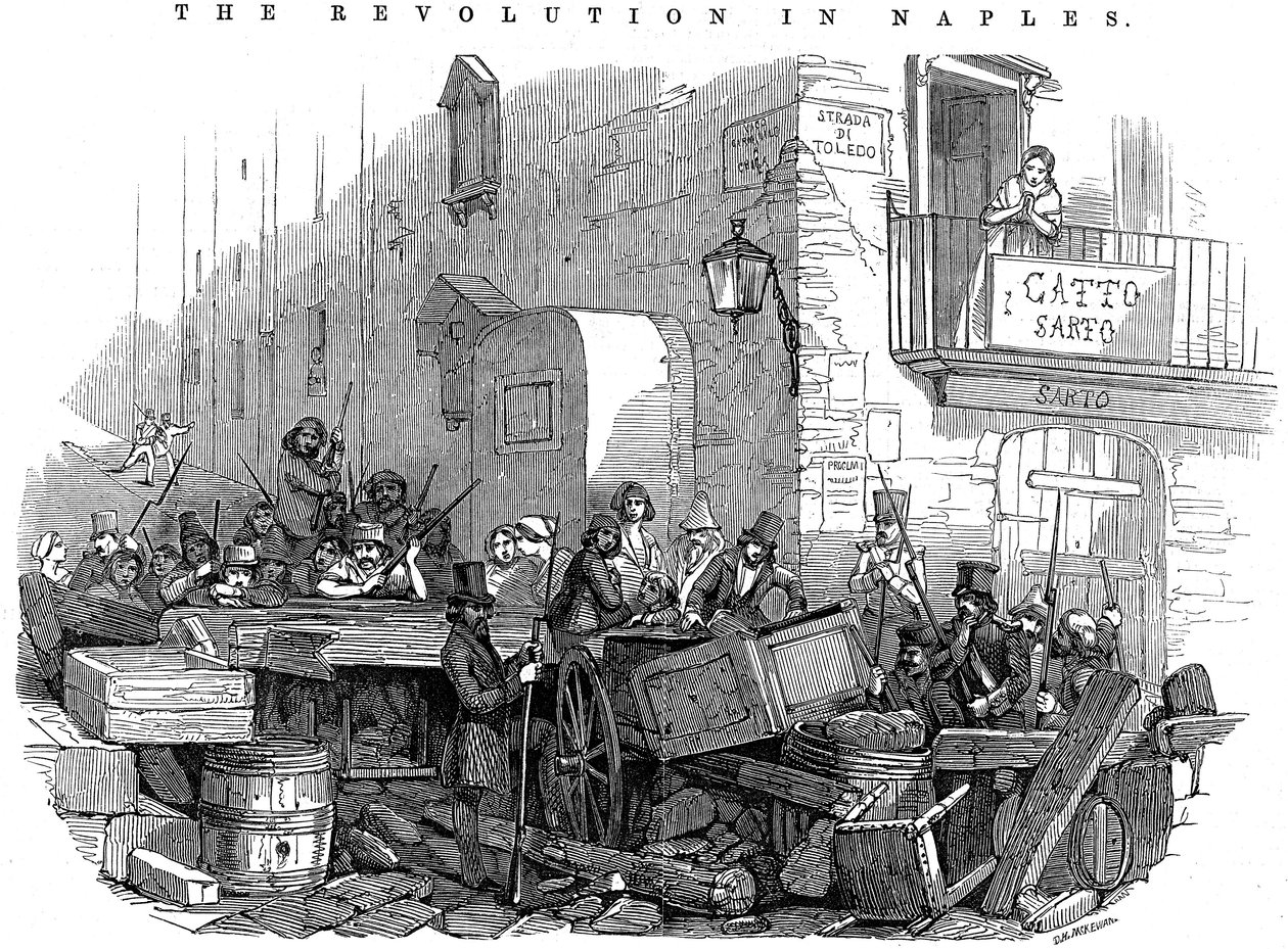 Barrikade i Strada di Toledo rett før angrepet, Revolution in Napoli, 15. mai 1848 av Unbekannt