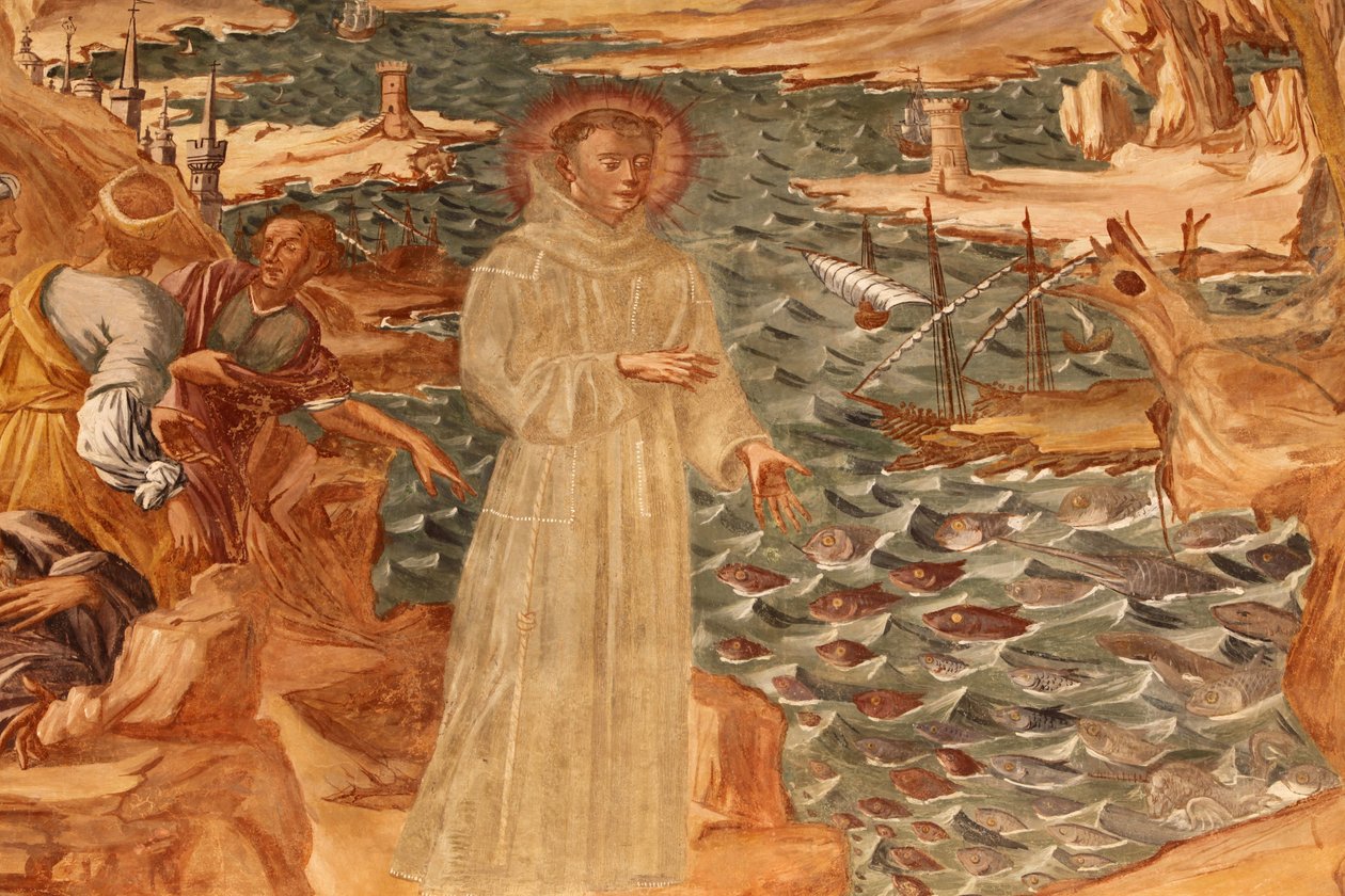 Basilica di Santa Caterina, Galatina, Apulia Fresco i klosteret: St. Anthony forkynner for fisken Malt av BrJoseph av Gravina i 1696, Galatina, Italia av Unbekannt