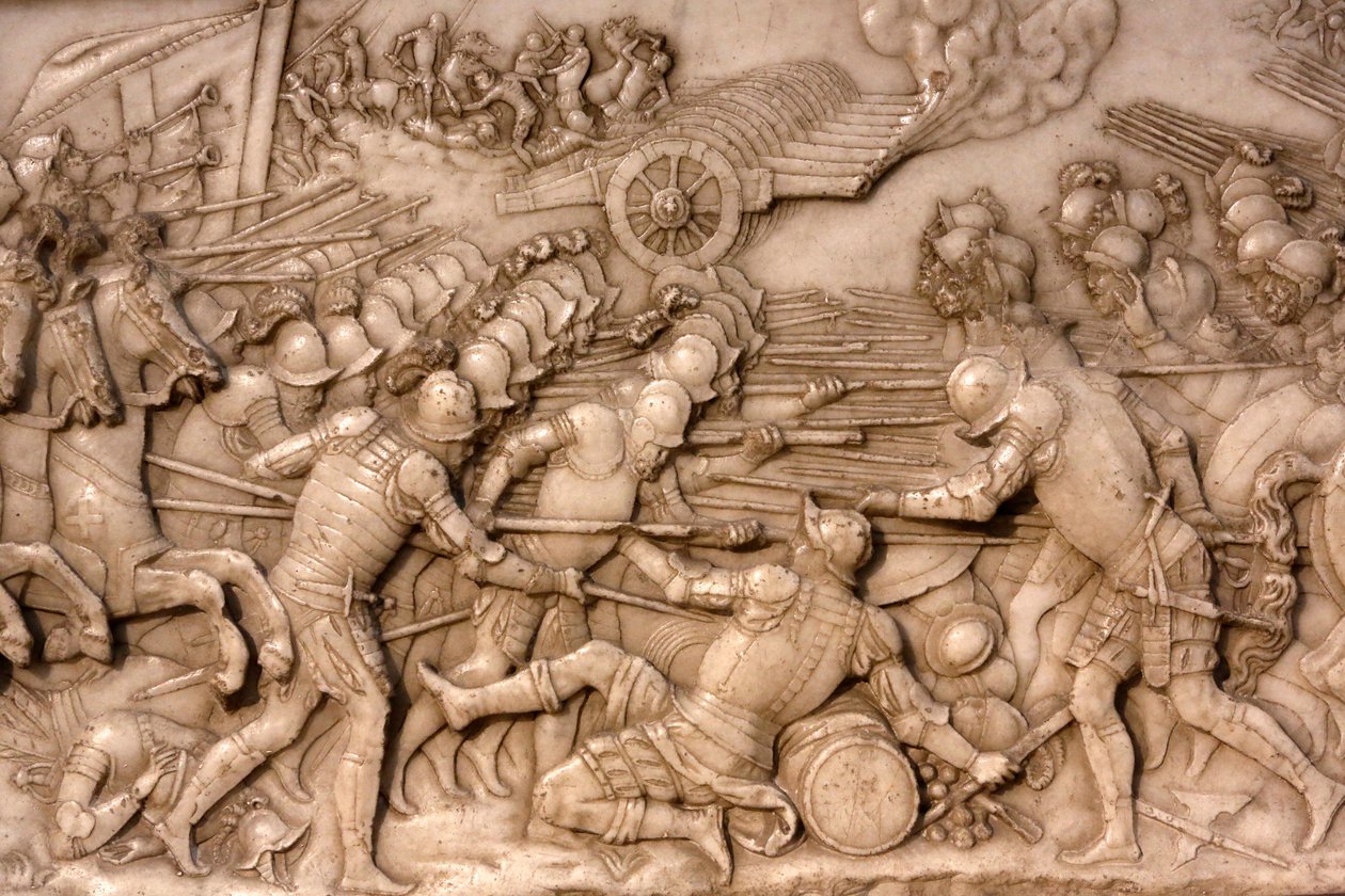 Basilica of St, Denis, Graven til Frans 1, konge av Frankrike og Claude av Frankrike, Foundations lavrelieff, Skildring av slaget ved Marignano i 1515 - franskmennene og deres artilleri vendt mot det gamle sveitsiske konføderasjonen, Saint-Denis, Frankrike av Unbekannt