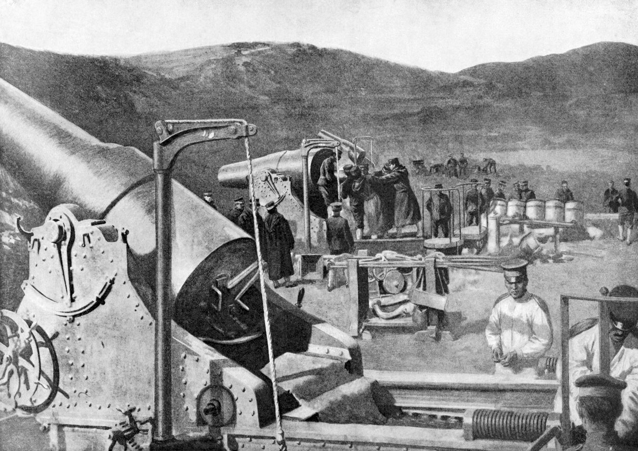 Batteri av japanske beleiringsvåpen som bombarderer Port Arthur, den russisk-japanske krigen, 1904-5 av Unbekannt