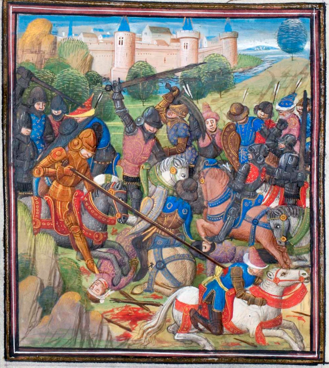 Kamp mellom korsfarere under Baldwin II av Jerusalem og saracenerne. Miniatyr fra Historia av William av Tyrus, 1460-tallet av Unbekannt