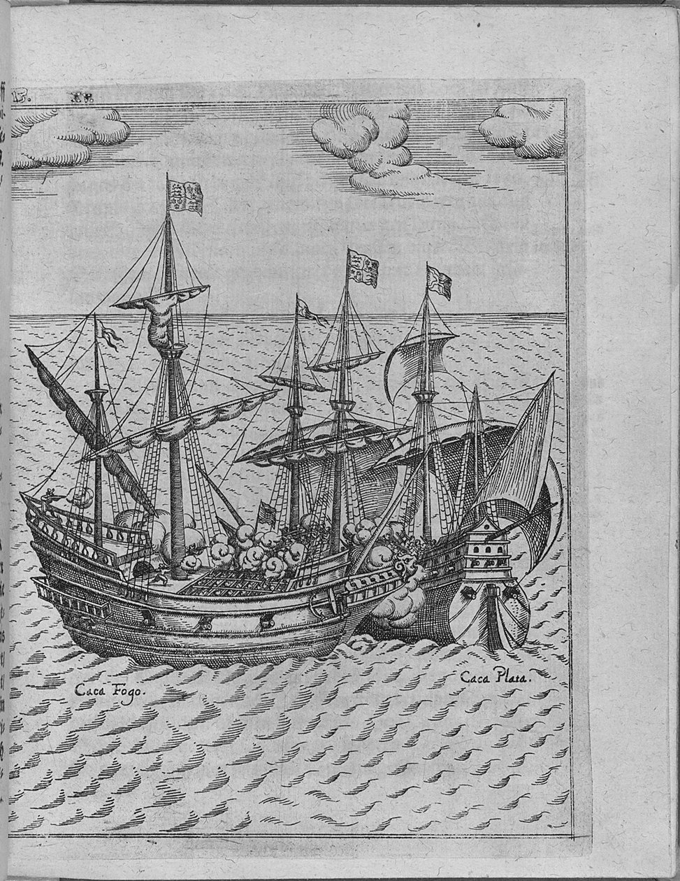 Kamp mellom Francis Drakes-skipet Golden Hind og det spanske skipet Cacafuego. Fra Levinus Hulsiu av Unbekannt